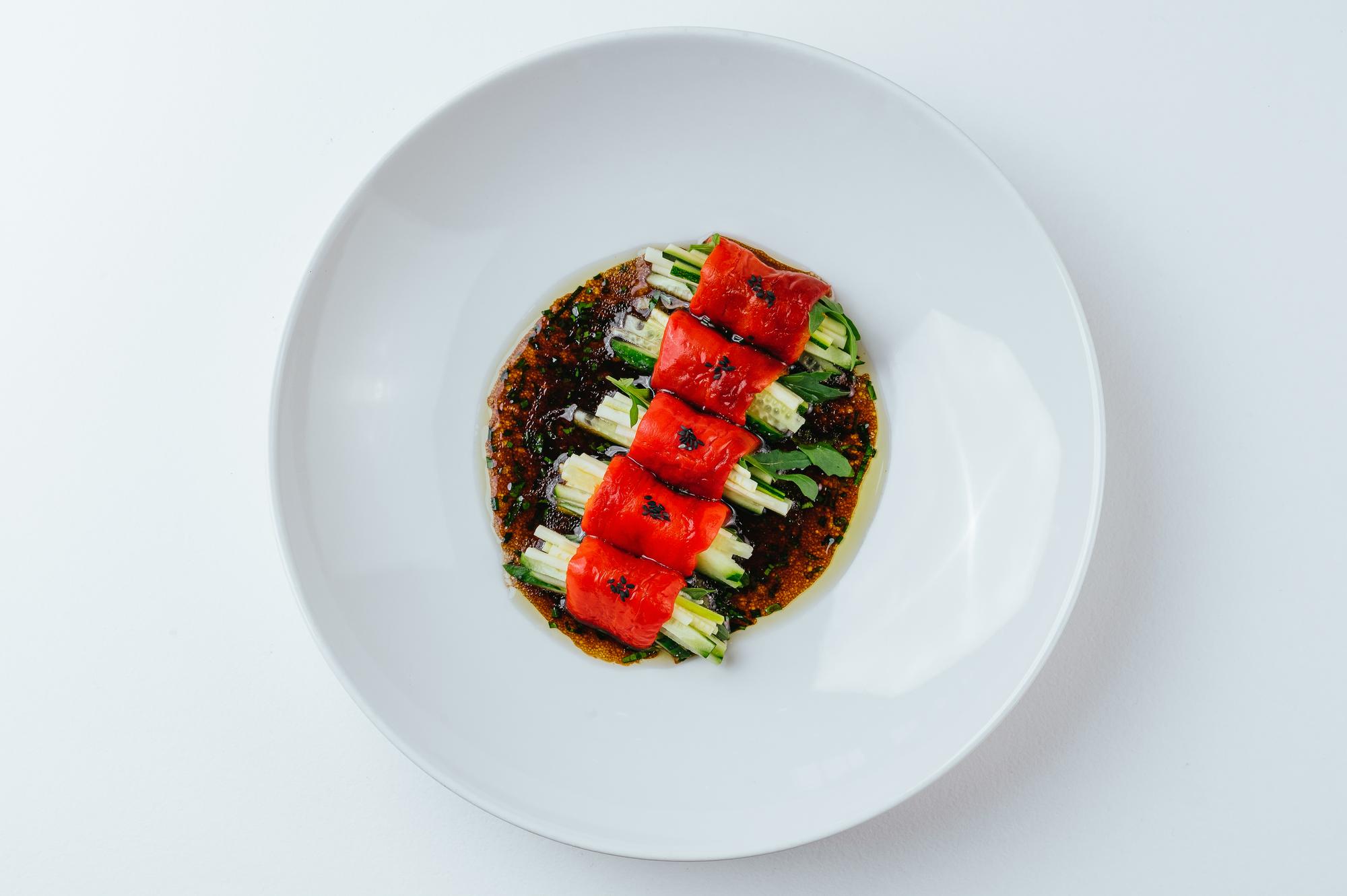 Close-up plated dish with modern styling
